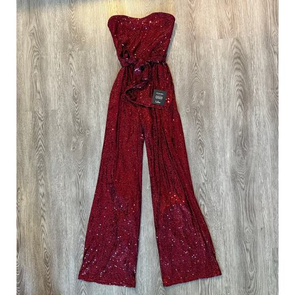 Lulus Flirty Moves Wine Red Sequin Strapless Wide-Leg Jumpsuit S - Picture 2 of 9